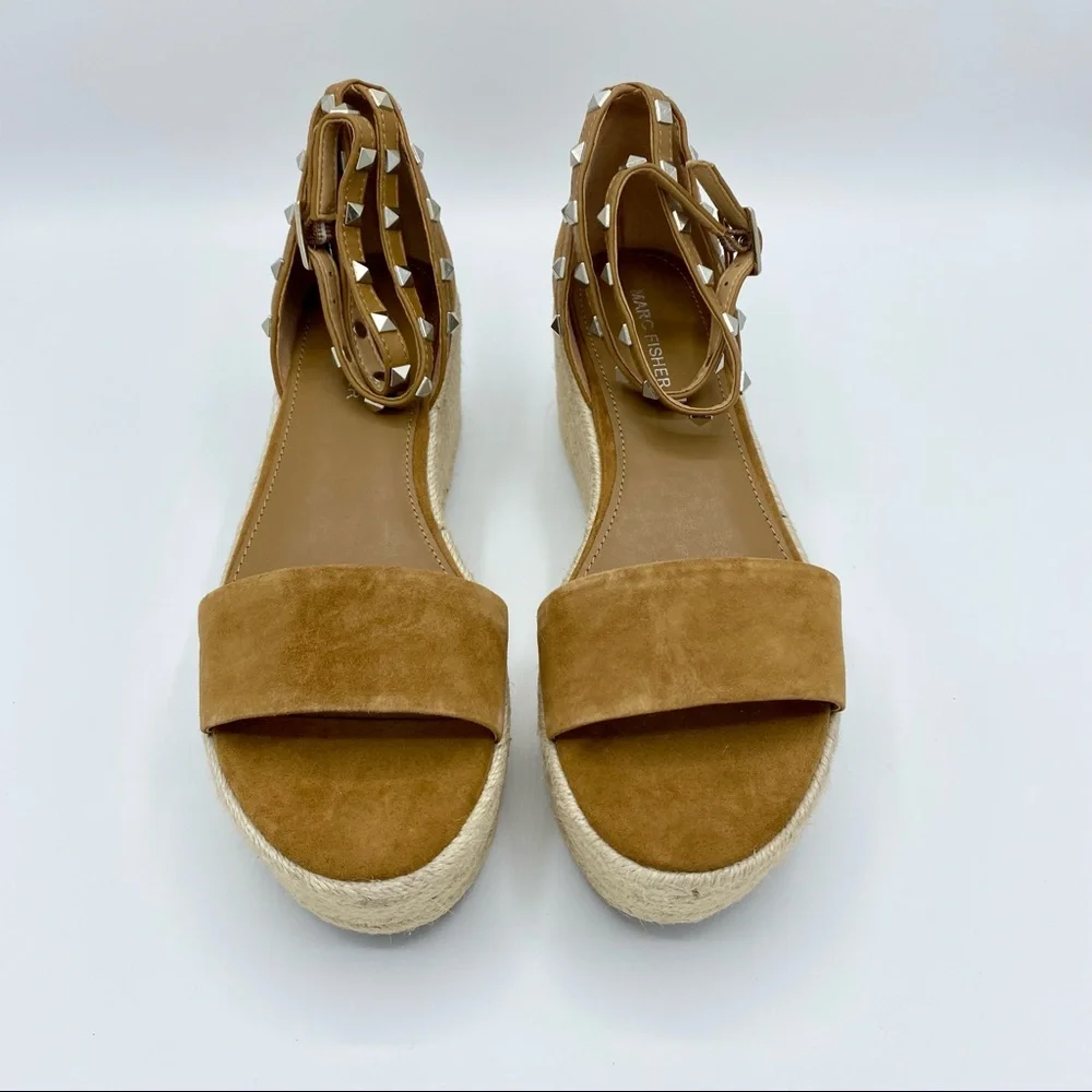 Marc Fisher Light Brown Suede Jazlyn Studded Ankle Strap Espadrille Sandal
